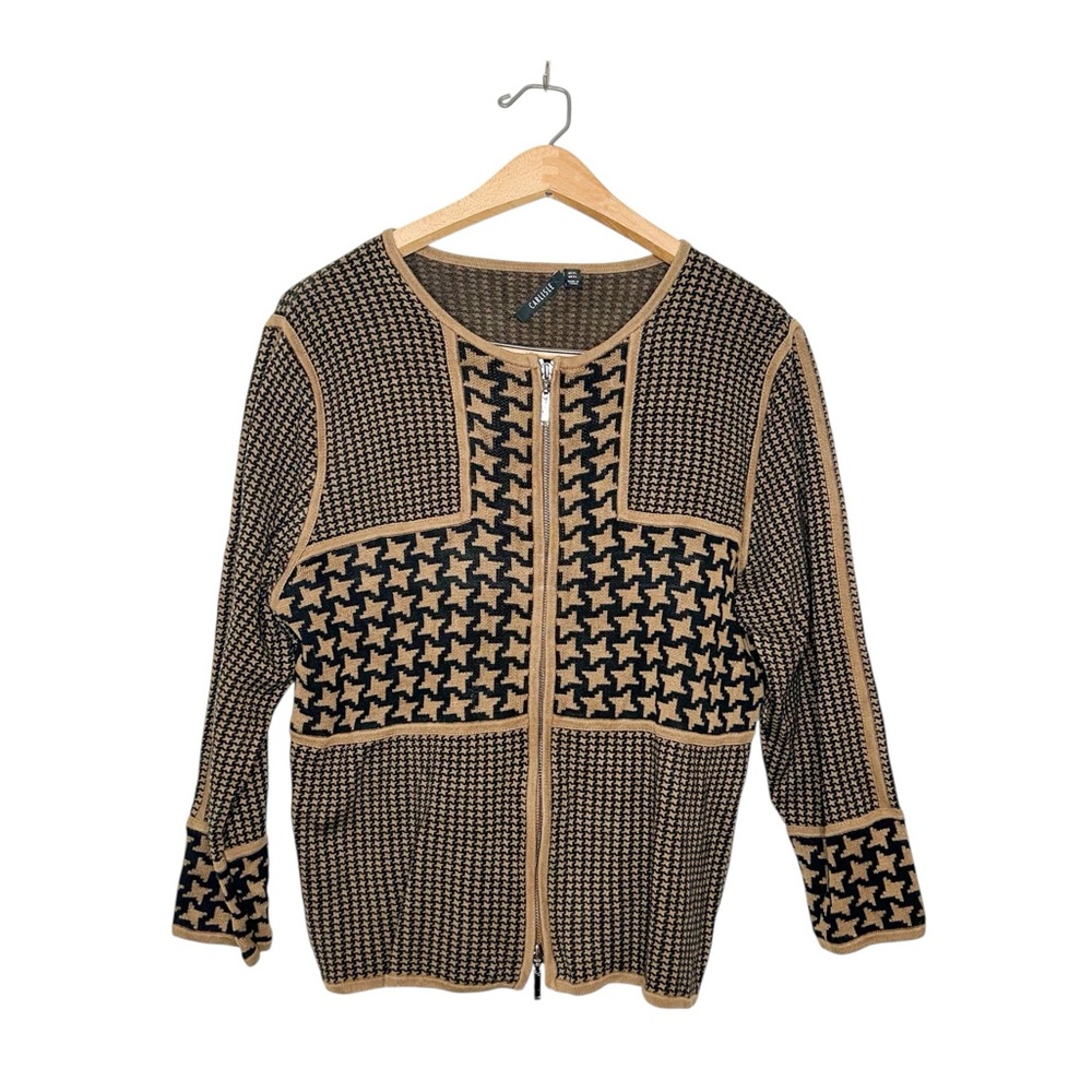 Carlisle Black and Tan Geometric Zip-Front Cardigan